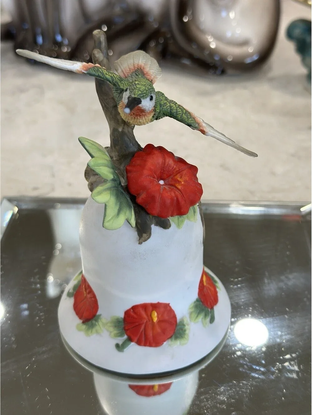 Vintage painted matte bisque porcelain hummingbird decorative bell 1970-1980s